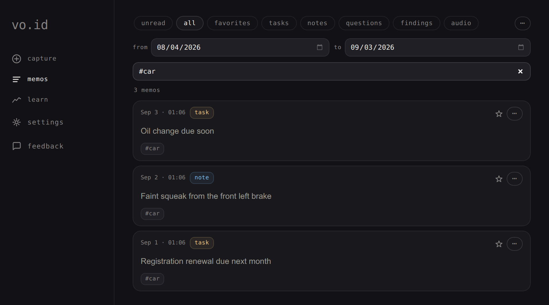 A memo history filtered to #car, a running maintenance log for the car