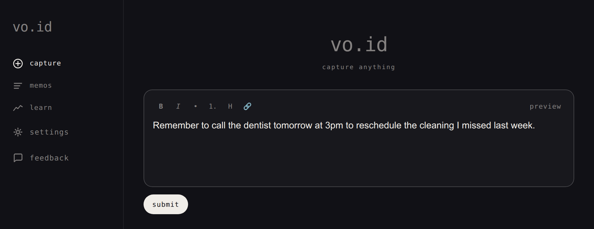 The capture page, ready to record or type a memo