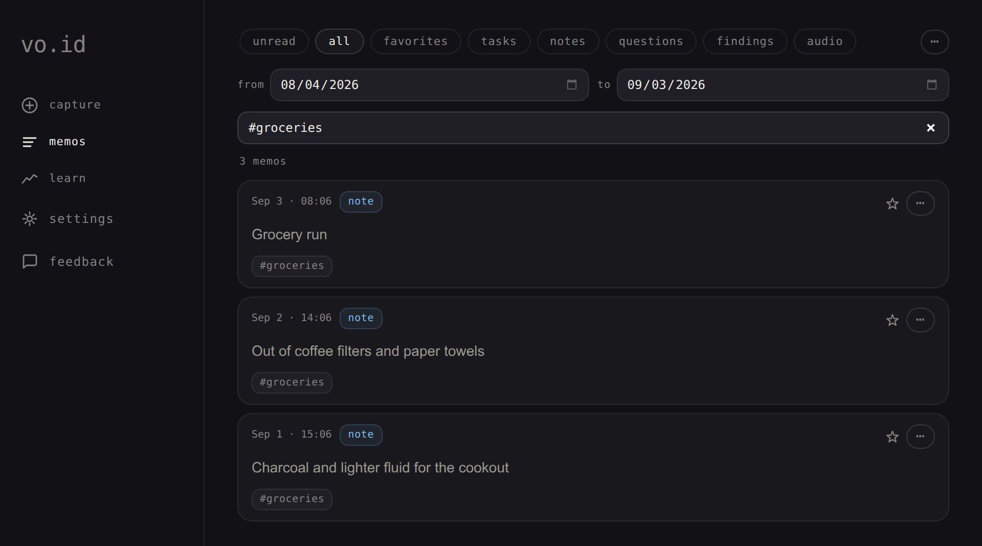 A memo history filtered to #groceries, a running list of things to pick up