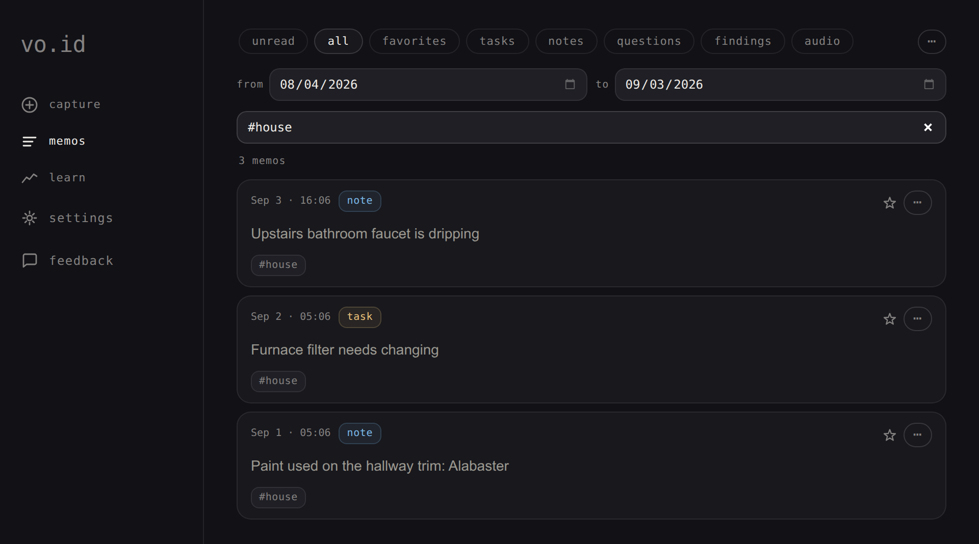 A memo history filtered to #house, a running maintenance log for the home