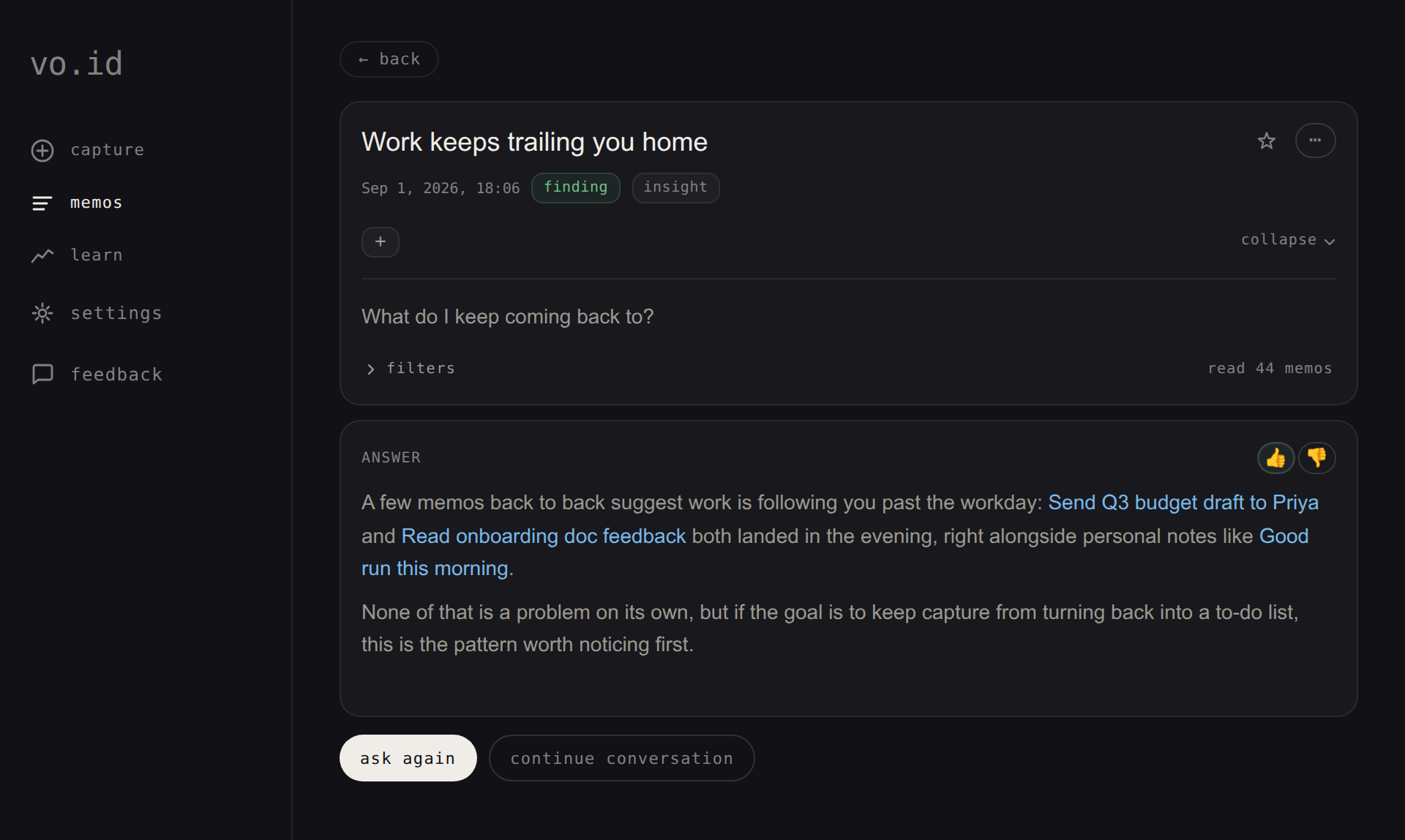 The learn page, asking a question across every memo