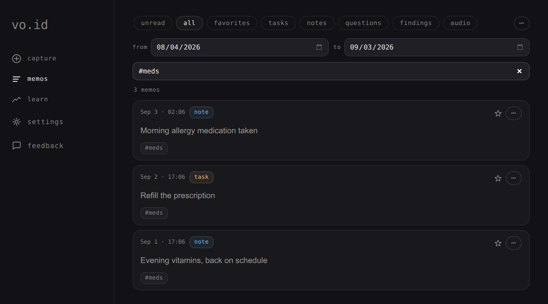 A memo history filtered to #meds, a timestamped record of doses taken