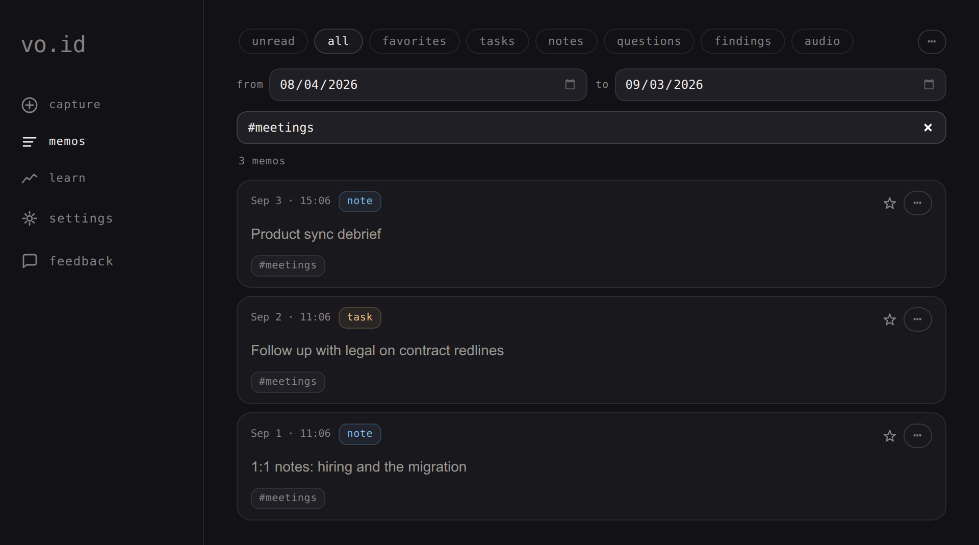 A memo history filtered to #meetings, debriefs and follow-ups from recent calls
