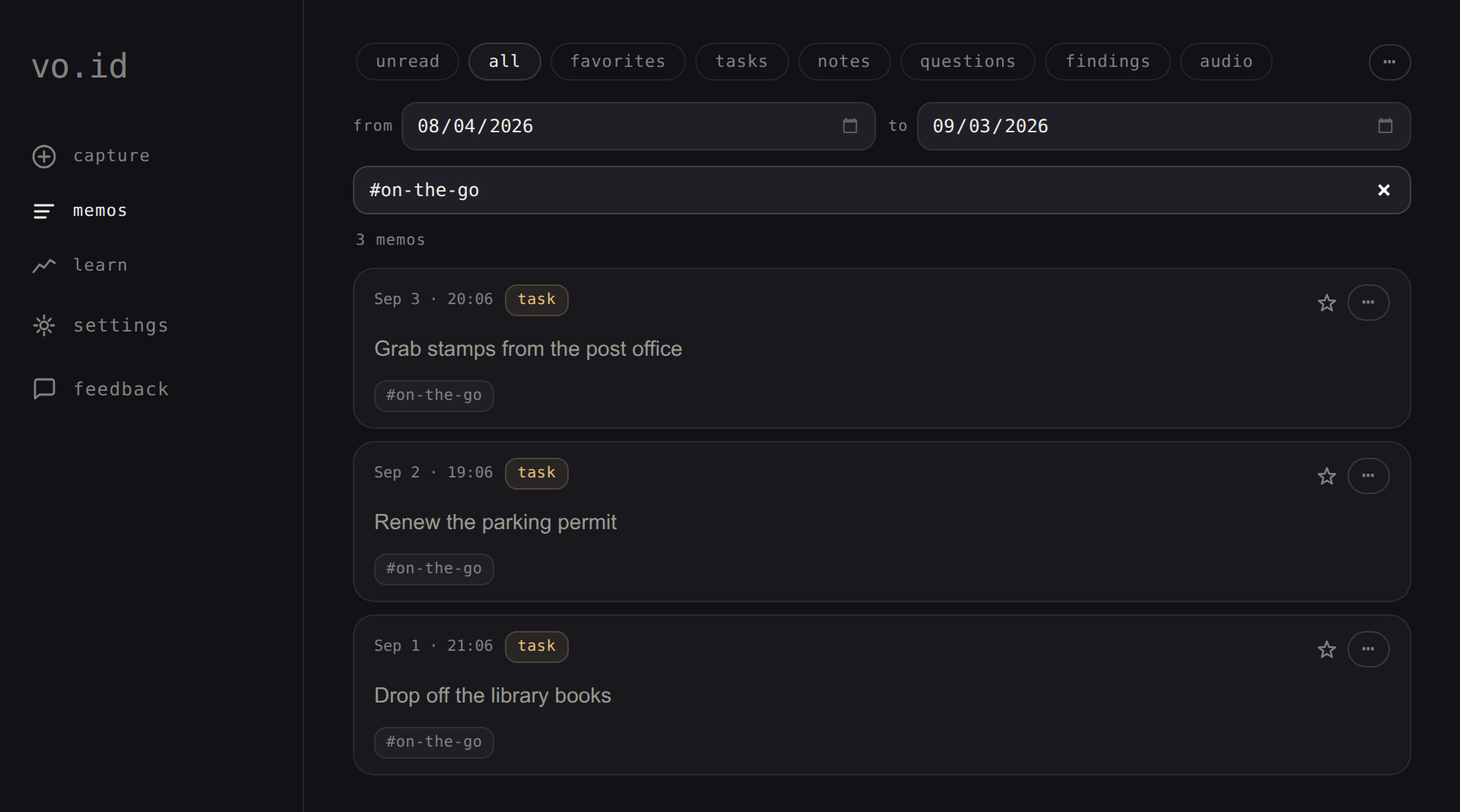 A memo history filtered to #on-the-go, a run of tasks captured out and about