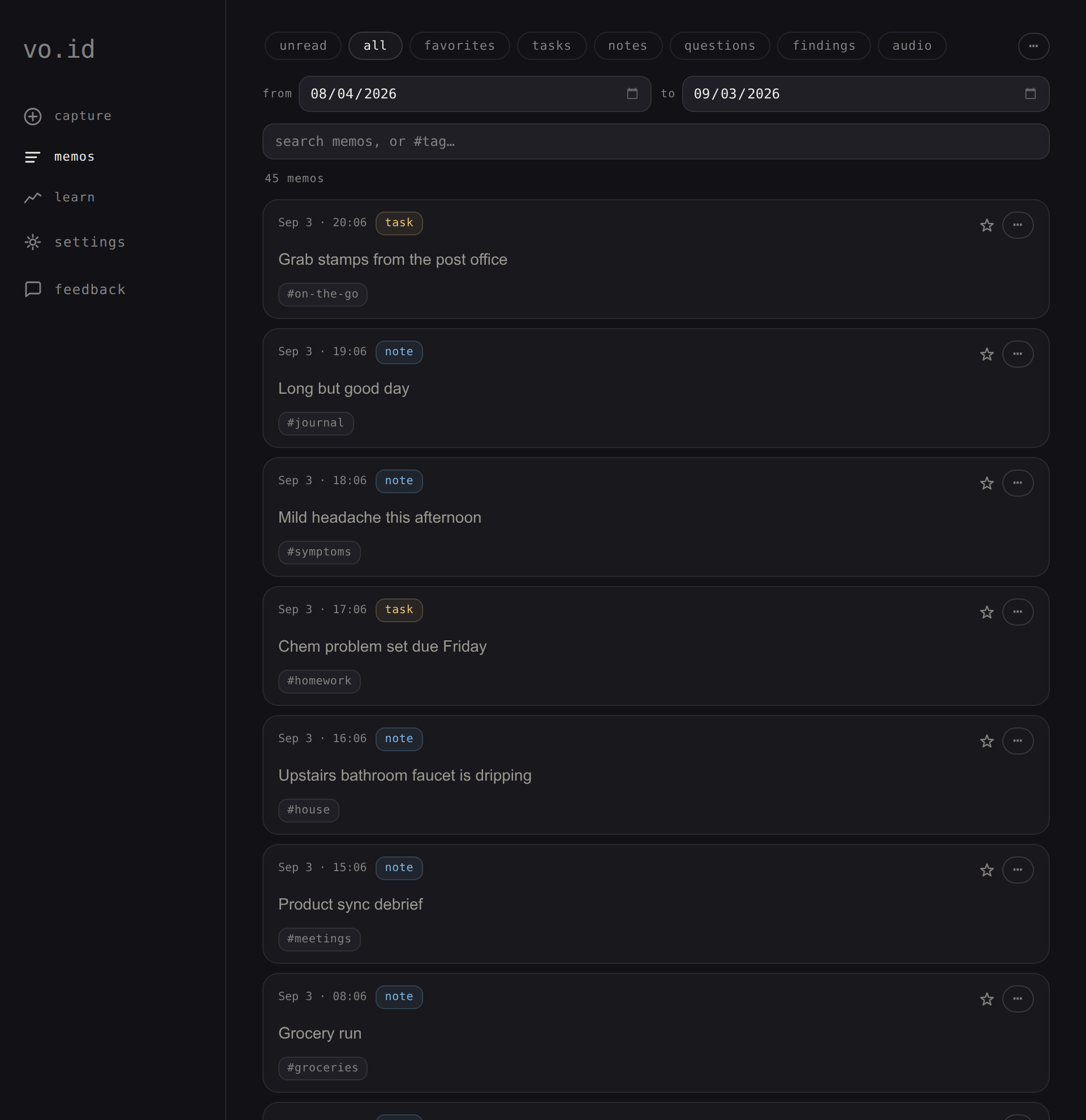 The memos feed, classified and tagged
