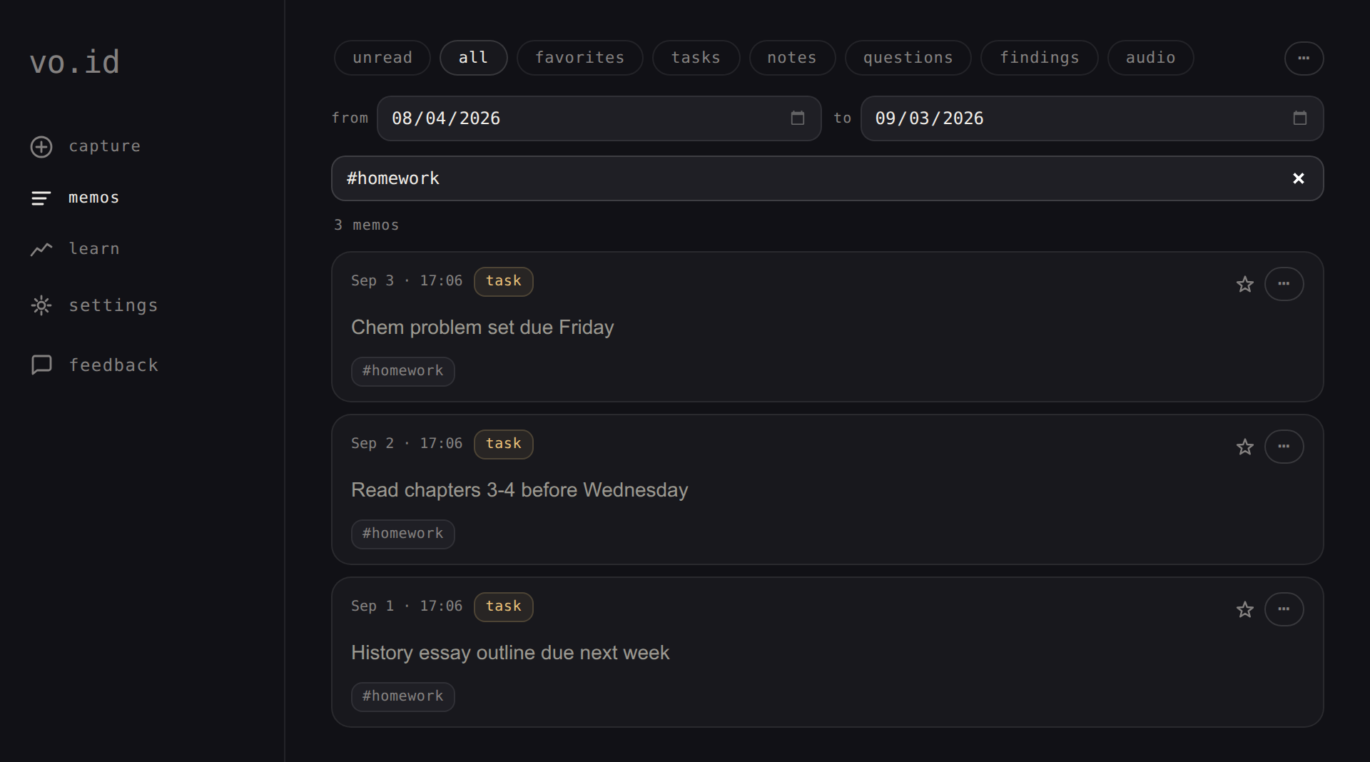 A memo history filtered to #homework, assignments captured with their due dates