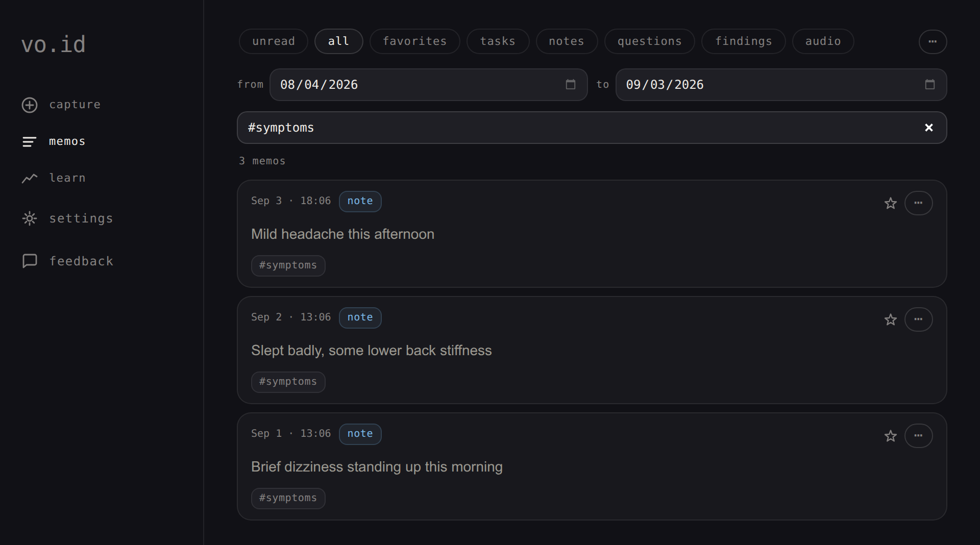 A memo history filtered to #symptoms, a timestamped log of how you've been feeling