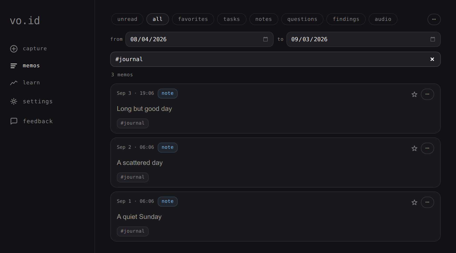 A memo history filtered to #journal, a run of daily entries